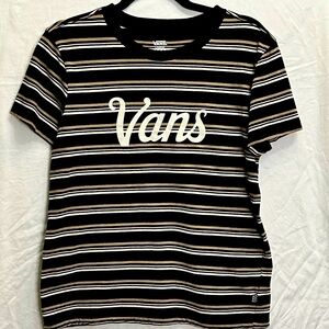 VANS Juniors Tee size Lg NWOT Logo on front Striped black white light pink tan